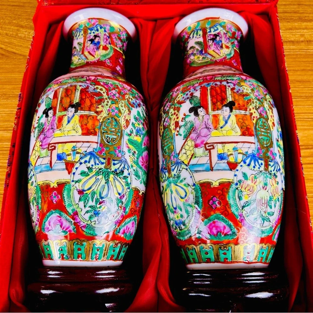 Rose Medallion Porcelain Vases Hand Painted Chinese w/ Stands Box 9